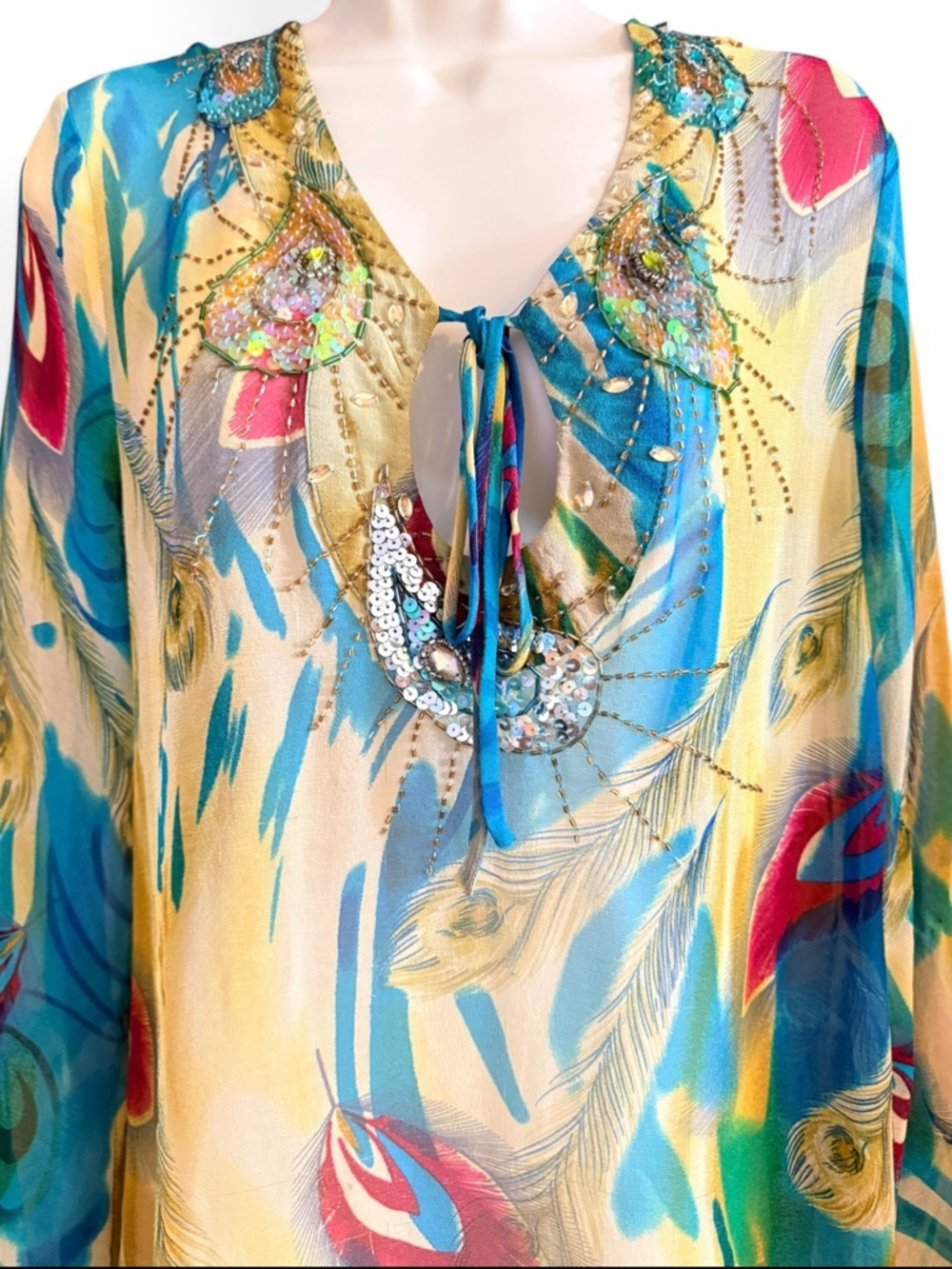 Vintage Anis A 100% Silk Tunic Dress L Beaded Feather Print Boho Resort Luxe - Picture 4 of 14